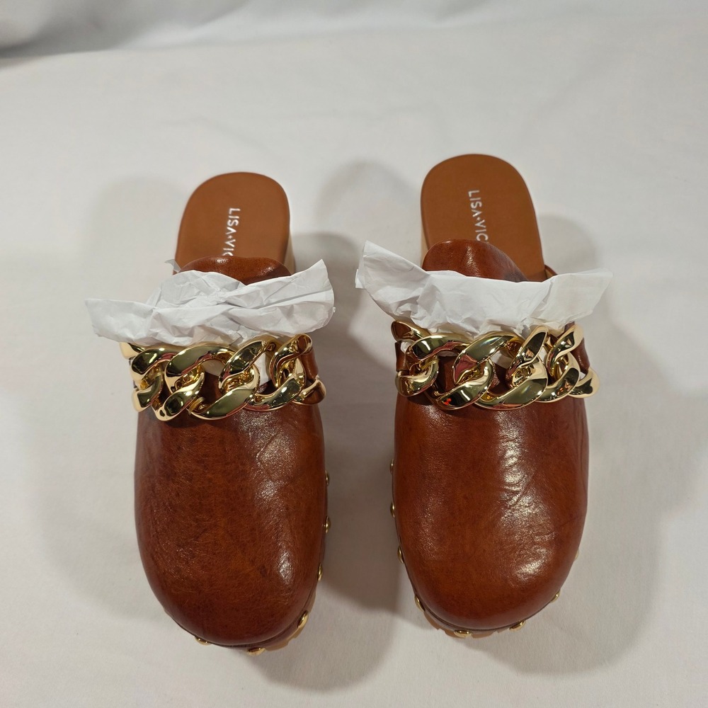 Retro Chestnut Leather Platform Clogs Gold Chain Mules Womens 8M NEW Lisa Vicky